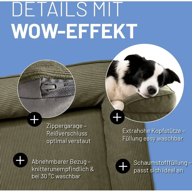 Lumaland Hundebett Indoor Cord M 90x65x18cm olivgrün vakuumiert – Bild 4