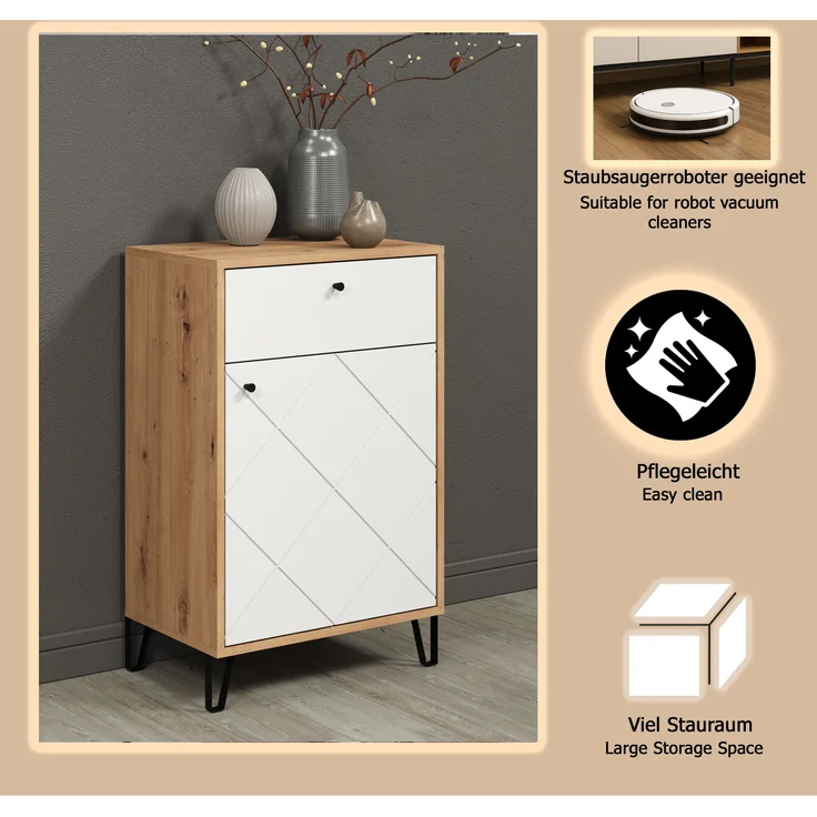 trendteam smart living - Touch - Kommode - Eiche/Weiß - Garderobenkommode mit moderner Rautenfräsung - Soft-Close - (BxHxT) 63 x 96 x 40 cm - Flurschrank mit Vollauszug-Schubladen – Bild 14