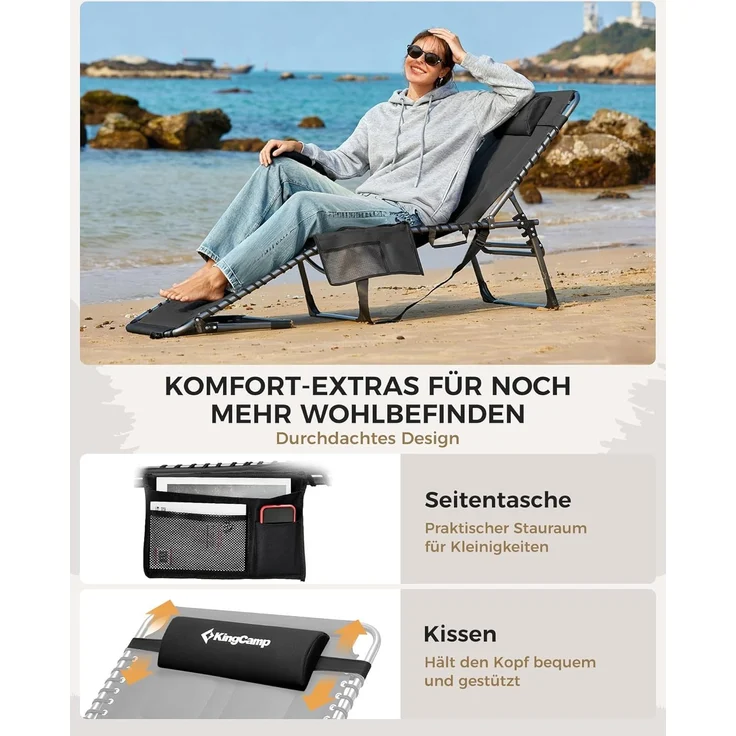 KingCamp Übergroße Sonnenliege Klappbar 5-Fach Verstellbar Gartenliege Liegestuhl Dreibeinliege Liege Campingliege mit Kopfkissen und Seitentasche bis 150 kg für Garten Urlaub Strand Pool 200x68 cm – Bild 8
