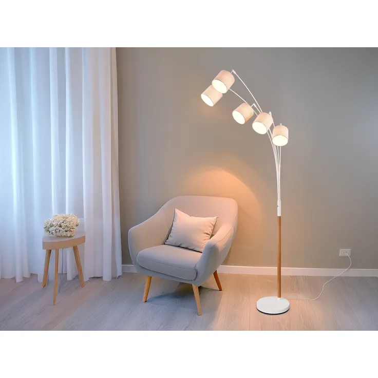 Große Bogenlampe LUVA mit Holzfuß & Stoffschirmen aus Leinen, Höhe 200cm