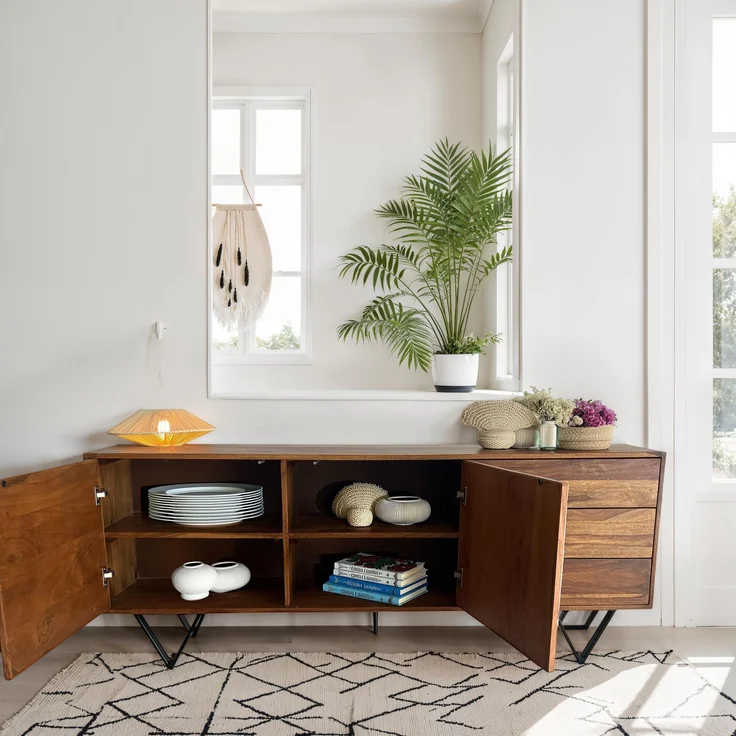FineBuy Sideboard Sheesham Massivholz 175 cm 2 Türen & 3 Schubladen - Massive Retro Kommode Steinoptik - Design Natur Anrichte - Handmade Industrial – Bild 4