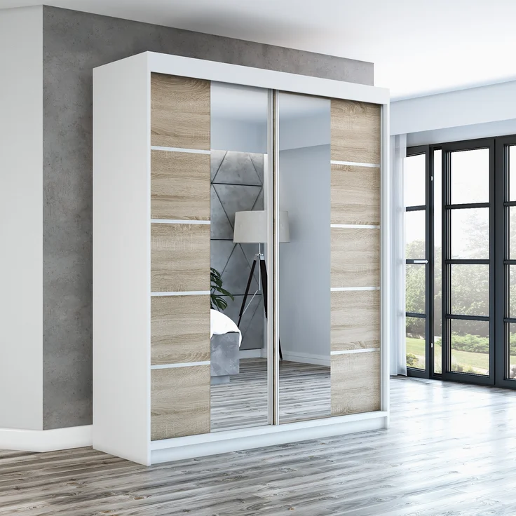 Schwebetürenschrank ERA 2-türig Schrank 160 cm (mit Spiegel) Farbe: Weiß , sonoma – Bild 2