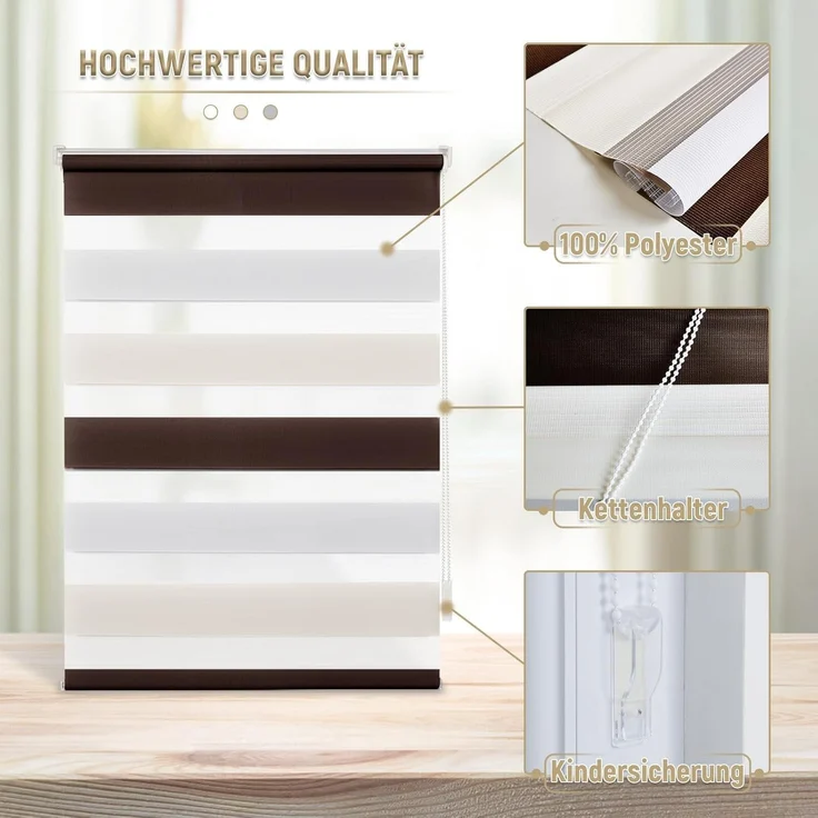 Deswell Doppelrollo Klemmfix ohne Bohren Weiß-beige-braun B45 x H130 cm (Stoffbreite 41cm) Rollos für Fenster ohne Bohren für Fenster mit Lichtdurchlässig & Verdunkelnd/Höhe Stufenlos Verstellbar – Bild 3