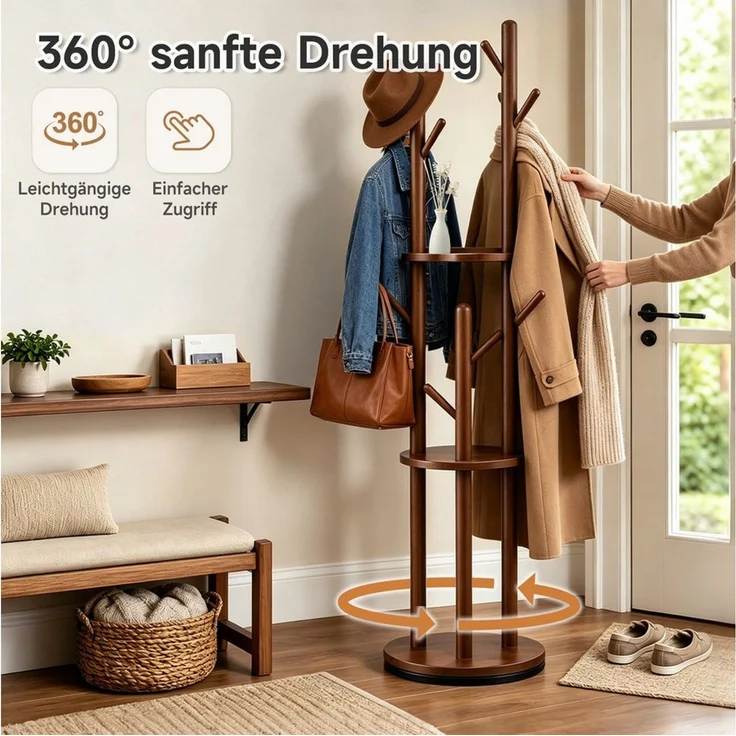 OSTWOLKE Garderobenständer Drehbarer Kleiderständer aus Massivholz mit 3 Ablage und 8 Haken, stabil & einfach zu montieren, für Flur, Schlafzimmer, 165×40×40 cm – Bild 2