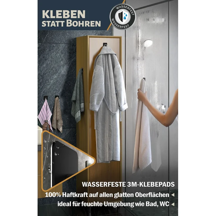 Lindenstein Handtuchhaken 6er-Set Schwarz – Edelstahl V2A, selbstklebend mit 3M-Pads – Bild 4