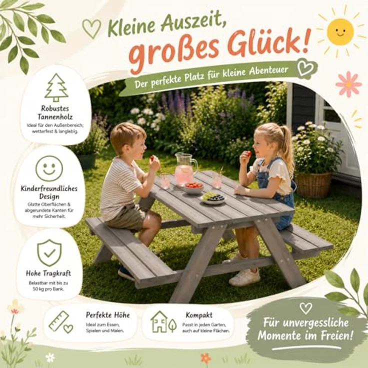 HAGO Garten-Kindersitzgruppe, Sitzset aus Tannenholz für Garten und Spielplatz, 1-tlg, mit hoher Tragkraft bis 50 kg – Bild 4