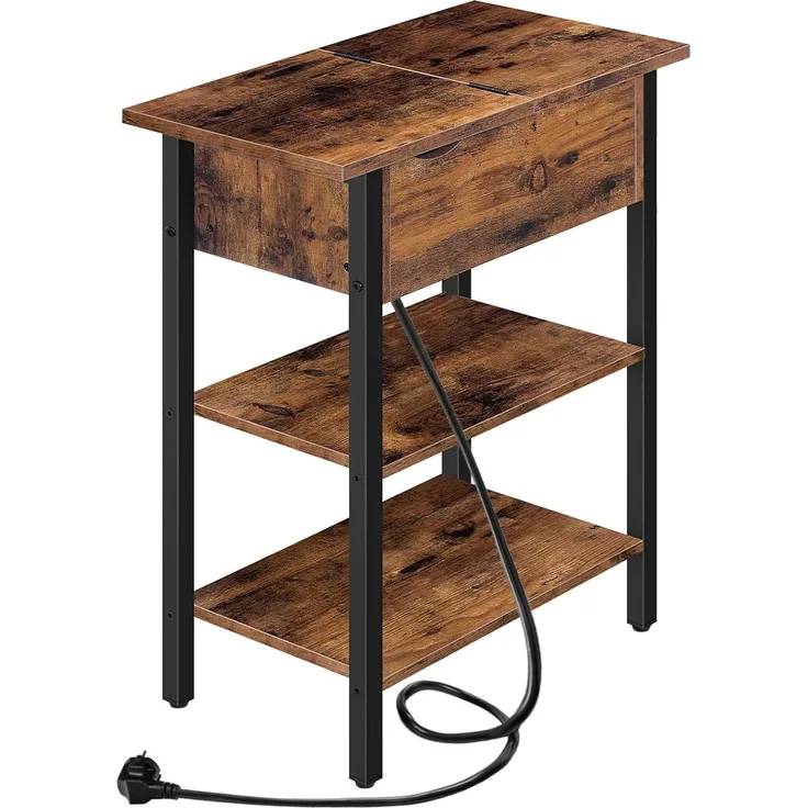 HOOBRO Beistelltisch, Flip-Top Sofatisch mit Ladestation und Ablagefläche, Schmaler Nachttisch für Kleine Räume, Schlafzimmer, Wohnzimmer, Stabile, Dunkelbraun EBF342BZ01