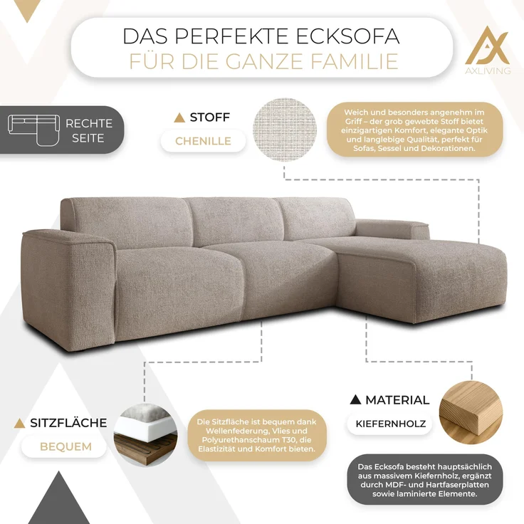 AX LIVING Couch Sofa L Form Didim mini Creme 310 cm breit, stilvoll R – Bild 5