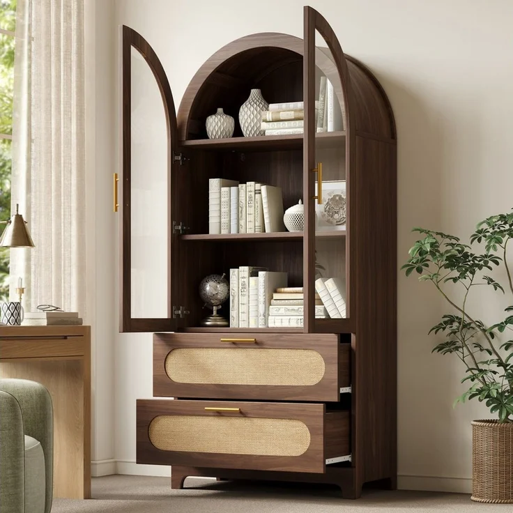 Flieks Vitrine Glasvitrine Montmartre-Bogen in Retro-Design Multifunktionsschrank (Mehrzweckschrank mit verstellbaren Einlegeböden, 1-St, H175xB80xT40cm) Hochschrank mit Glastür, Rattan Schubladen Bücherregal Walnussfarbe – Bild 2