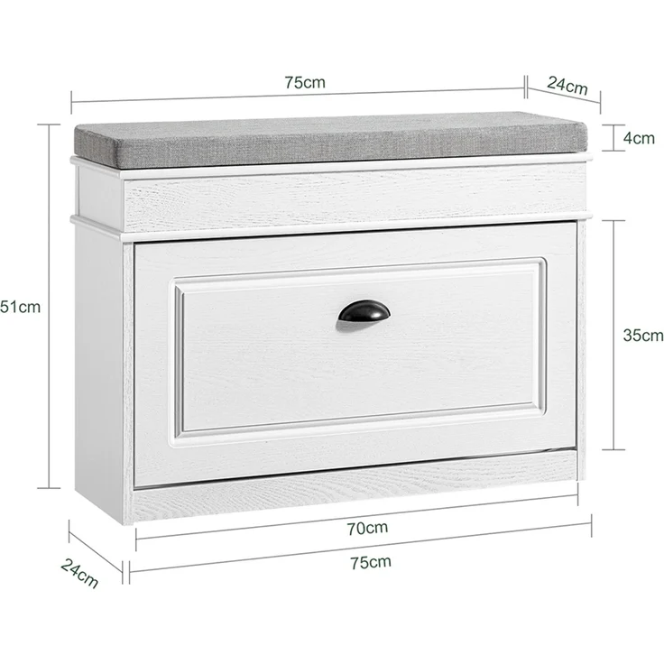 SoBuy FSR82-L-WG Schuhbank, Spanplatte, Lackiert, Weiß, 75 x 51 x 24 cm – Bild 3
