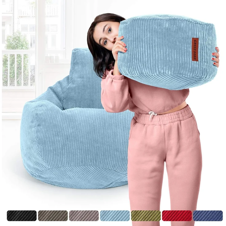 Green Bean® Sitzsack mit Hocker aus Cord - Sitzsäcke für das Wohnzimmer, Schlafzimmer, Sitzsack-Sessel für Erwachsene Hellblau – Bild 6