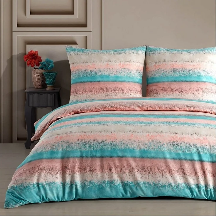 Buymax Bettwäsche Belissim Bettbezug-Set, Renforce: 100% Baumwolle, 3 teilig, 200x200 cm, mit Reißverschluss, Streifen, gestreift, Rose-Türkis – Bild 1