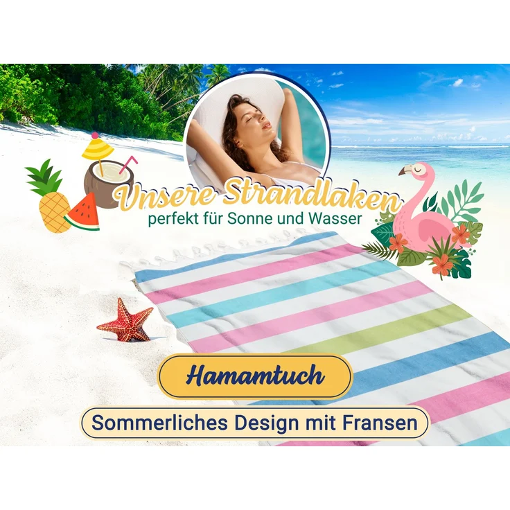 ZOLLNER Hamamtuch mit Fransen, Baumwolle, 90x170 cm, bunt-gestreift – Bild 2