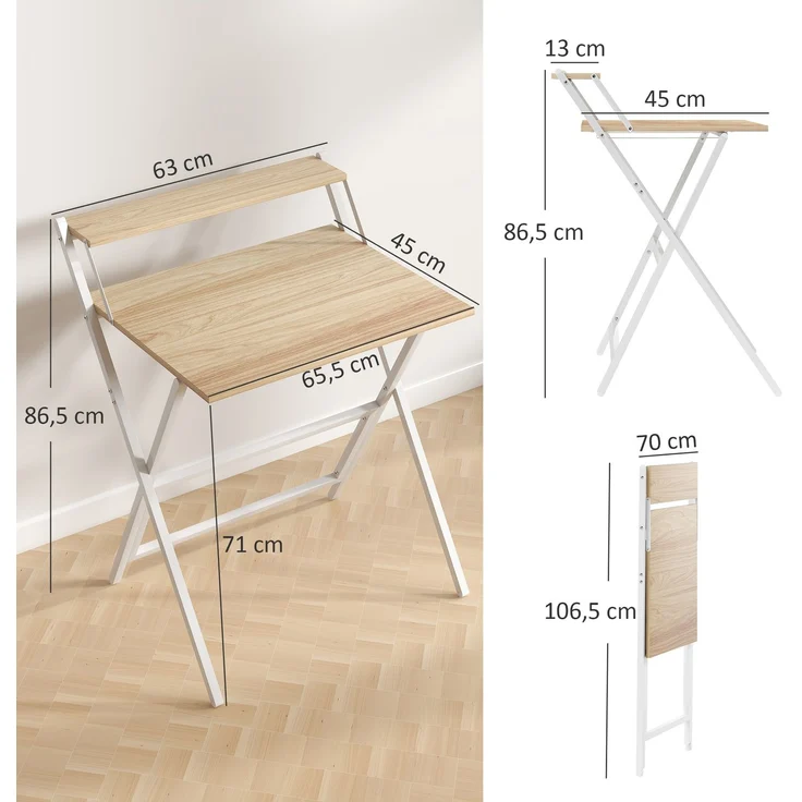 Klappschreibtisch 65,5 x 45 cm mit Ablagefach für Schlafzimmer, kleine Räume, Naturholz – Bild 5