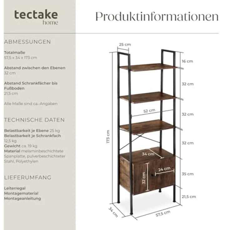 tectake Leiterregal Brentwood, Holzwerkstoff in Beton-Optik, 4 Ebenen, 2 Schrankfächer, 34x173x57,5 cm, Industrial Style – Bild 2