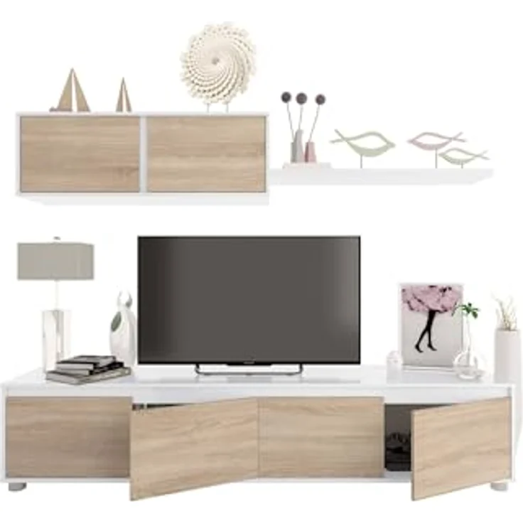 Dmora - Wandsystem Savannah, TV-Ständer, Wohnzimmermöbel, Zusammensetzung des Wohnzimmersets, Wohnzimmerset mit Schrankwand, 200 x 41 x 43 cm, Weiß und Eiche – Bild 6