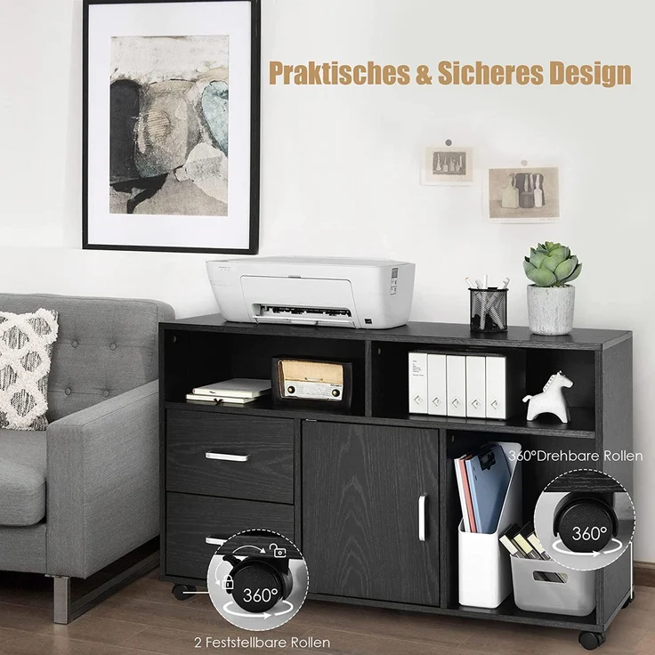 COSTWAY Rollcontainer mit 3 offenen Fächern, 2 Schubladen, Türschrank, frei beweglich, für Dokumente in DIN A4, Letter-Format, Drucker, Aktenschrank Holz schwarz – Bild 3