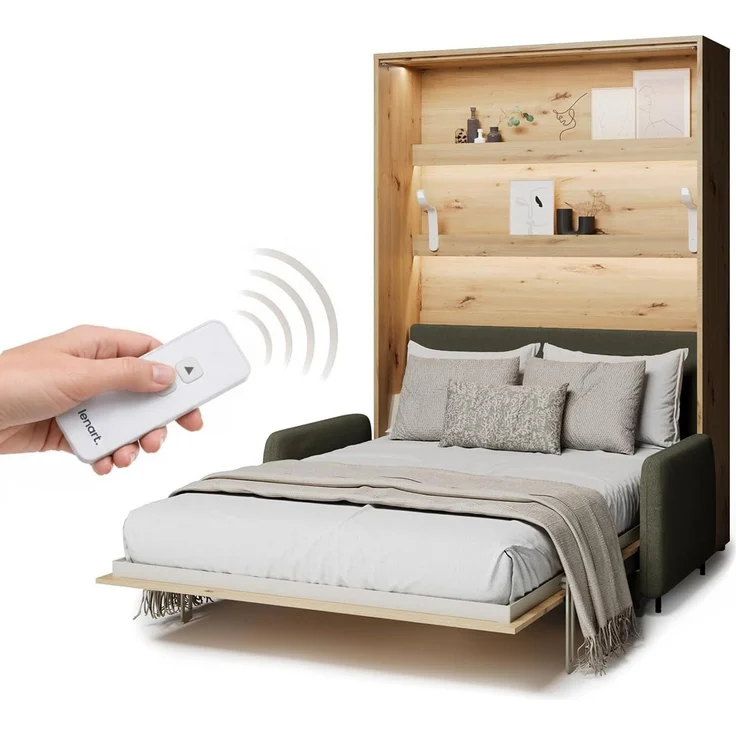 MEBLINI Elektrisches Schrankbett BC-36 - 140x200cm Vertikal - Artisan Eiche - Sofa und Kopfteil Grün - Wandbett mit Lattenrost, Matratze, Sofa und Kopfteil - Wandklappbett – Bild 1