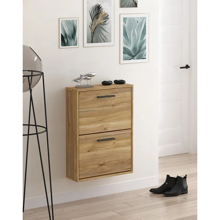 Homey - Schuhschrank mit 2 Türen, schmaler Schuhschrank, Modell Alais, Finish in Honig-Eiche, Maße: 73 cm (Höhe) x 54 cm (Breite) x 18 cm (Tiefe), praktisch und funktional – Bild 2