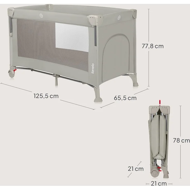 Lionelo Ellen 3 in 1 Reisebett von 0 bis 3 Jahren, Beistellbett für Neugeborene und ältere Kinder bis 15 kg, 2 Matratzenhöhen, Befestigungsgurte, seitlicher Reißverschluss, 2 Rollen, Tasche – Bild 10