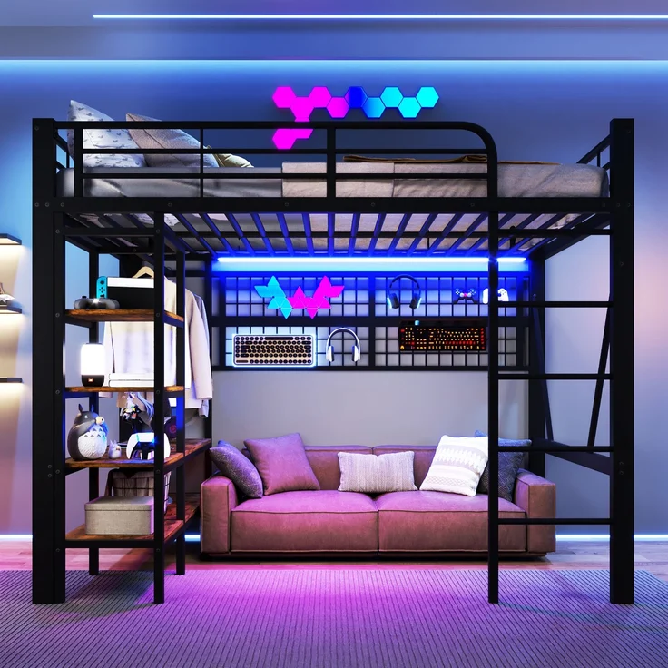 EINHOM Hochbett, 140 x 200 cm, Eisenrahmen, Ablagefach, Netz zum Aufhängen von Gegenständen, mit Kleiderstange, Offener Raum unter dem Bett, mit LED-Lichtleiste, Schwarz (Ohne Matratze) – Bild 3