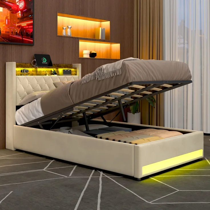 Polsterbett 140x190 cm, Beige, mit Lattenrost, schlichtes Design (ohne Matratze)
