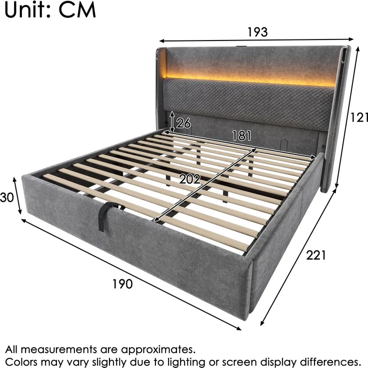 Merax Polsterbett, 180x200cm Doppelbett , Modernes Hydraulisches Bett mit Hohem Kopfteil, mit LED-Beleuchtung, Stauraum & USB/Type-C-Anschlüssen, in Leinen Optik Grau – Bild 4