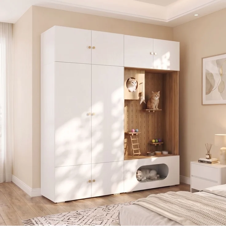 CHICFURN Kleiderschrank 180x200x50 cm mit Kleiderstange und Katzenkletterwand – Weiß/Holzoptik – Bild 1