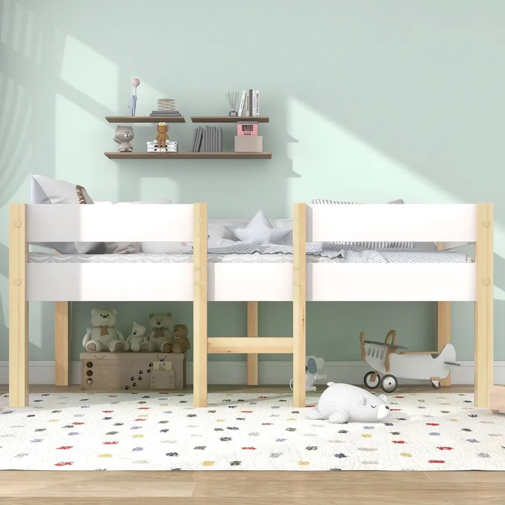 Halbhohes Kinderbett aus Kiefer 90x190 cm mit Rausfallschutz, Leiter & Stauraum, skandinavisches Hochbett