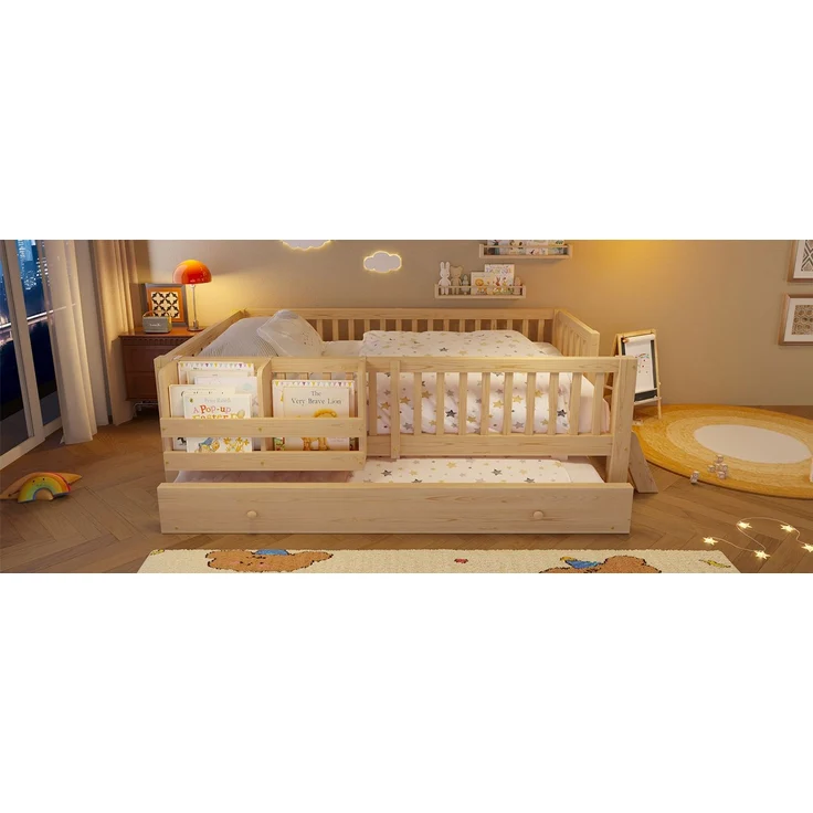 ZUBALIYA Holzbett 90 x 200 cm – Ausziehbett, flexible Montage, Geländer, MDF, Kiefer, Holzfarbe – Bild 11