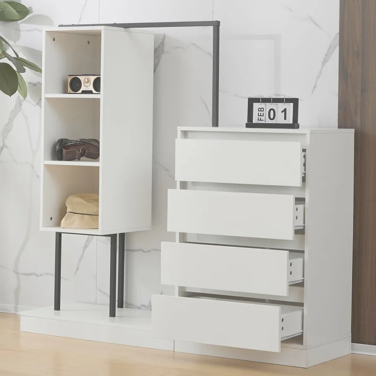 Praktischer Schuhschrank mit Garderobenfunktion in modernem Weiß-Schwarz-Design - Geräumiger Stauraum mit 4 Schubladen 3 Ablagefächern và Kleideraufhängung - Stabile Kommode aus hochwertiger Spanplatte và Metall für Flur Diele Wohnzimmer - Mit Kippsich... – Bild 7