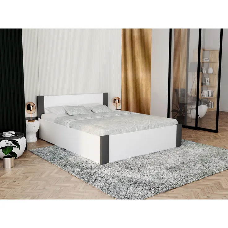 FDM Stauraumbett mit Bettkasten und Lattenrost Doppelbett (viele Größen wählbar 120x200, 140x200, 160x200 und 180x200cm, ideal für Paare, in Weiß-Natur oder Weiß-Grau), Metallrahmen mit hydraulischer Klappfunktion