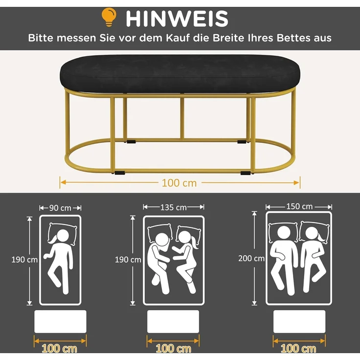 HOMCOM Polsterbank Bettbank mit Samtoptik (Schlafzimmerbank, 1-St, Schminkbank), Stahl, Schwarz, 100 x 37 x 43 cm – Bild 3