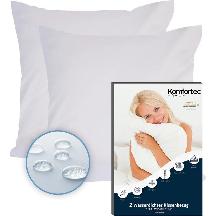 Komfortec Wasserdichter Kissenbezug 2er Set 45x45 cm mit Reißverschluss, Atmungsaktiv, Hypoallergen Kopfkissenbezüge, Anti-Milben, 2 Stück Kissenschoner, Weiß