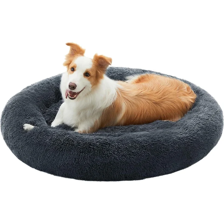 Feandrea Hundebett flauschig, Katzenbett, Donut Kissen, waschbar, Polsterung in der Mitte herausnehmbar, Langer Plüsch, 100 cm Durchmesser, dunkelgrau PGW042G02