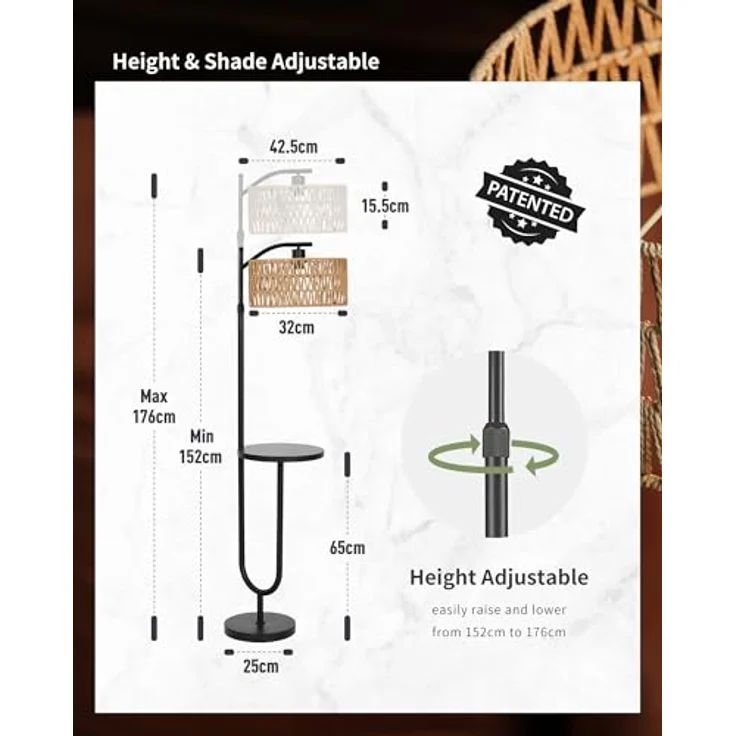 LuminexDesigns Stehlampe Wohnzimmer Vintage Rattan - Stehleuchte Schwarz Retro E27 mit Ablage Höhenverstellbar 176CM Boho Standleuchte mit 2M Kabel Fußschalter Beige Standlampe für Schlafzimmer – Bild 4