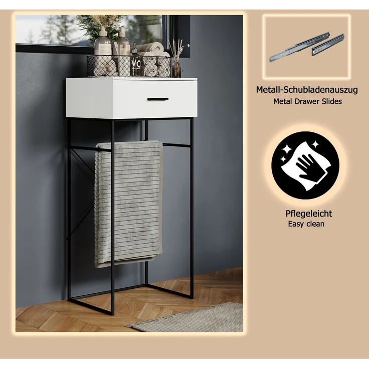 trendteam smart living - Strike - Beistelltisch - Weiß/Schwarz - Wohnzimmertisch auf robustem Metallgestell - (BxHxT) 60 x 132 x 48 cm - praktische Schublade – Bild 14
