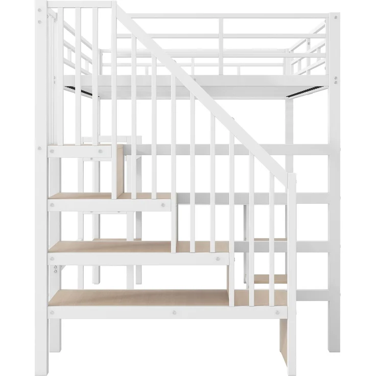 140x200 Metall-Hochbett mit Treppe, integriertem Schreibtisch, Staufächern, USB-Ladestation und LED-Licht, Weiß – Bild 9