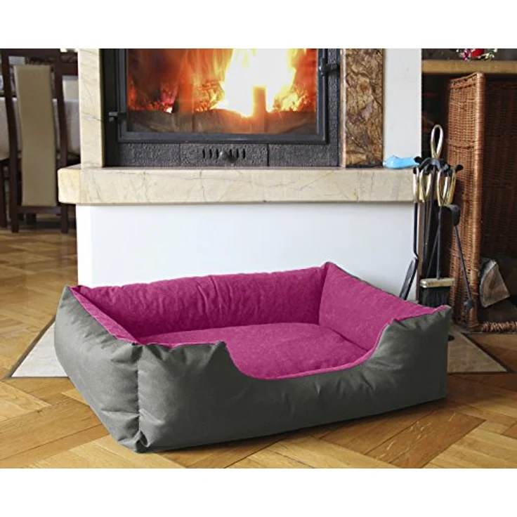 BedDog Hundebett LUPI, Hundesofa aus Cordura, Microfaser-Velours, waschbares Hundebett mit Rand, Hundekissen vier-eckig (L) ca. 80x65x18cm, PASSION-ROCK (grau/pink) – Bild 3