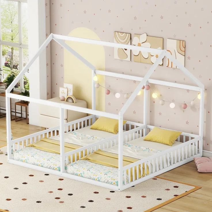 Bett 90x200 cm 2-in-1 Kinderhaus mit Mittelgeländer aus Kiefernholz, Weiß – sicheres Doppelpodest für zwei Kinder