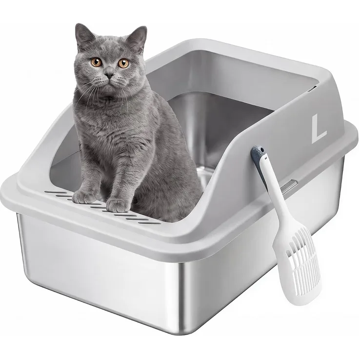 FEANDREA Edelstahl Katzenklo XXL Offen mit Hohem Rand und Spritzschutz 51 x 36 x 26 cm Grau