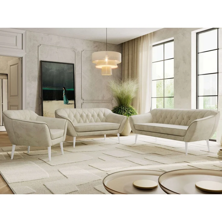 Wohnzimmerset PIRS 1-2-3, Skandinavisches Komplettset, Wellenfederung, weiße Füße, Sitzgruppe, Möbelset - Beige Velvet – Bild 4