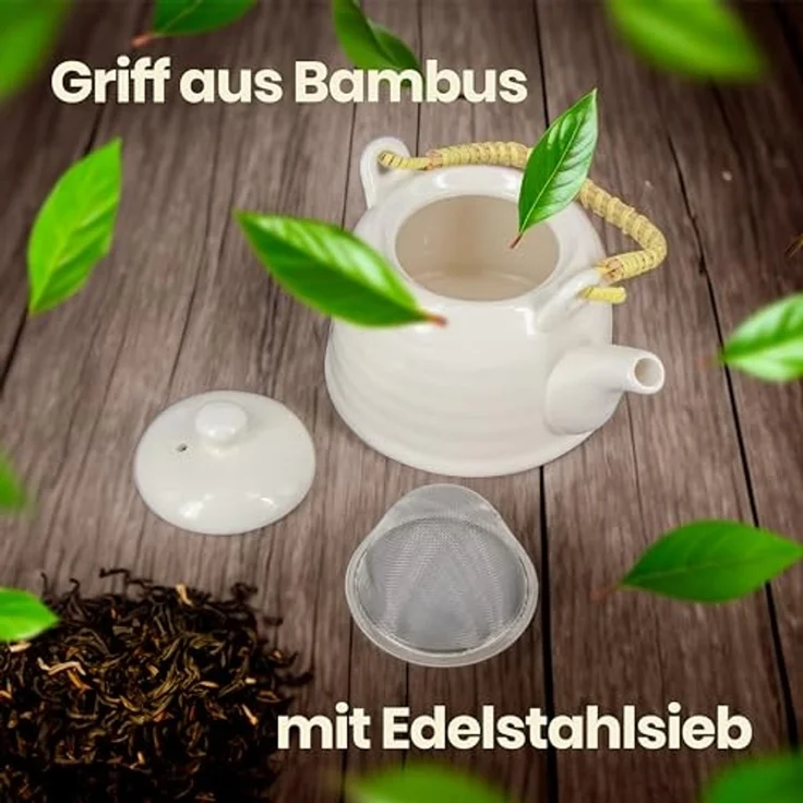 KVOTA Teekanne aus Keramik Teebereiter mit Sieb Teekessel mit Siebeinsatz Weiß 600ml, 0.6 l, hochwertige Keramik, Edelstahl-Sieb – Bild 5