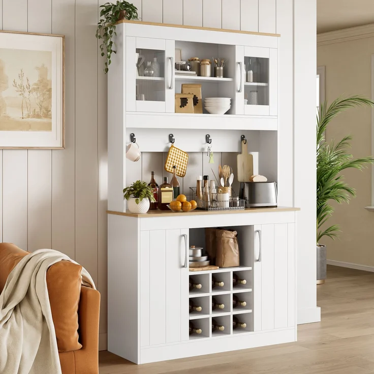Merax 175cm Küchenbuffet Buffetschrank mit Aufsatz, Küchenschrank mit Glastüren, Weinregal und Hakenleiste, großer Geschirrschrank Vorratsschrank Küchenschrank, Weiß + Holzfarbe – Bild 3