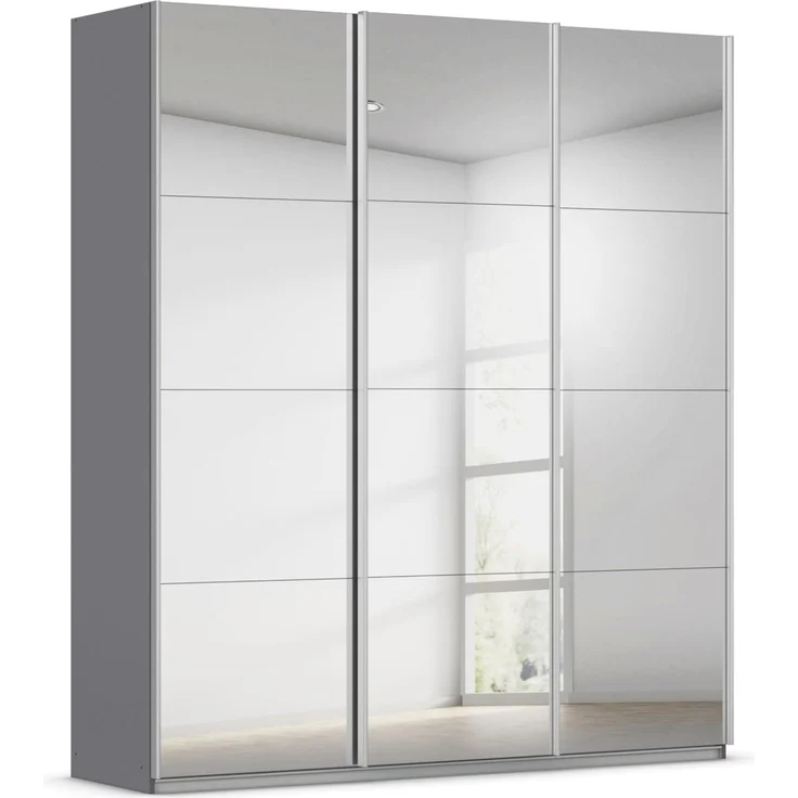 Rauch Möbel Kulmbach, Kleiderschrank mit Schwebetüren für Schlafzimmer, Kinderzimmer, Flur, 3-türig, mit Spiegel und Soft-Close-Funktion, Zubehör Premium, Farbe Grau metallic, Schwarz, Breite 203 cm