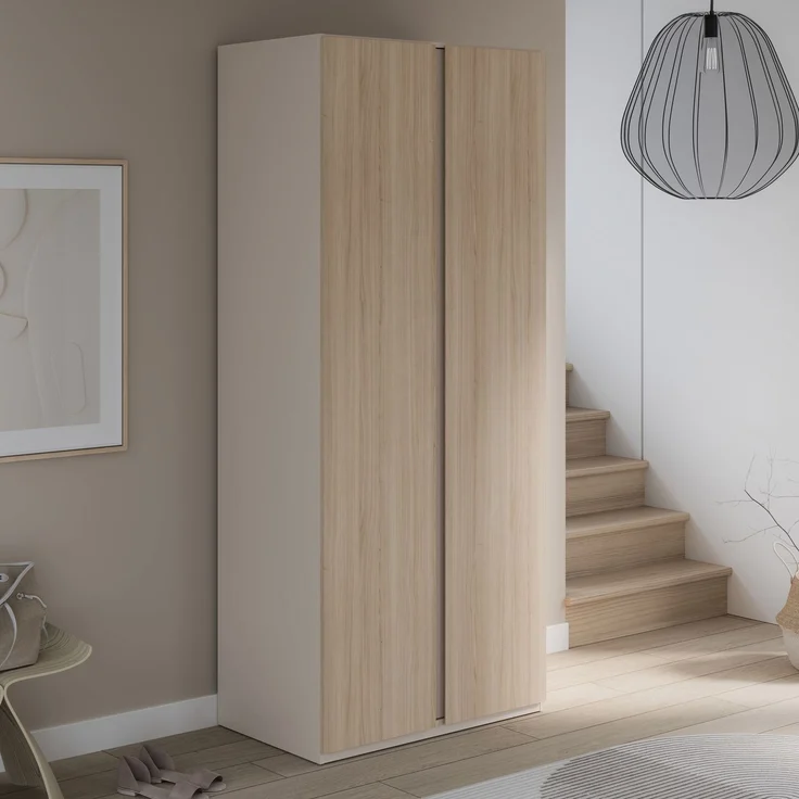 Forte PANOPTIK Kleiderschrank 90, schmaler, moderner Schrank, 2-türig, Schlafzimmer, Flur, Jugendzimmer, Holzwerkstoff, Kaschmir|Beige|Riva Eiche Holzdekor, 48 cm breit x 210,5 cm hoch x 54,2 cm tief – Bild 10