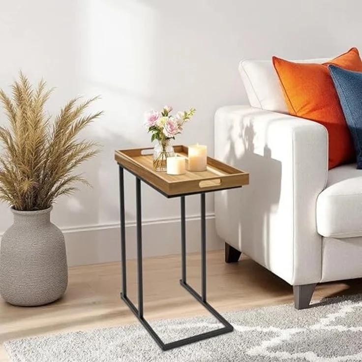 Spetebo Beistelltisch Metall Beistelltisch mit Holz Tablett - 60 x 45 cm (Anzahl, 1-St, Stück), platzsparend – Bild 7