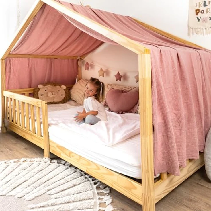 lilimaus Betthimmel Musselin Hausbett Himmel Kinderzimmer Baumwolle mit Gold 2er Set, Gemütlicher Baldachin aus Baumwolle für traumhafte Kinderzimmer-Deko – Bild 2