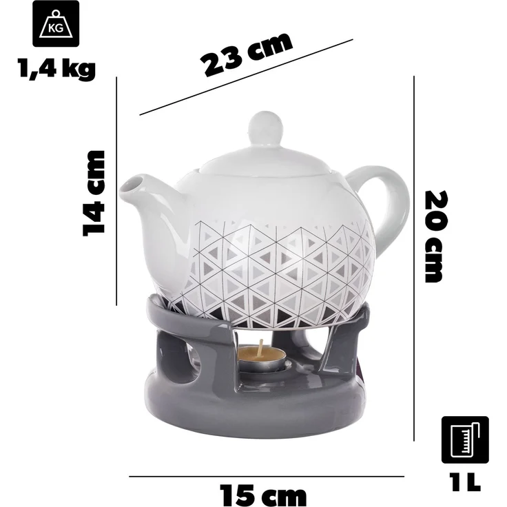 KADAX Teekanne 1L mit Stövchen Set, Kaffeekanne aus Porzellan mit Deckel, Griff und Teestövchen, Kanne mit Teelicht Wärmer für Tee, Teeservice (Grau/Weiß) – Bild 3