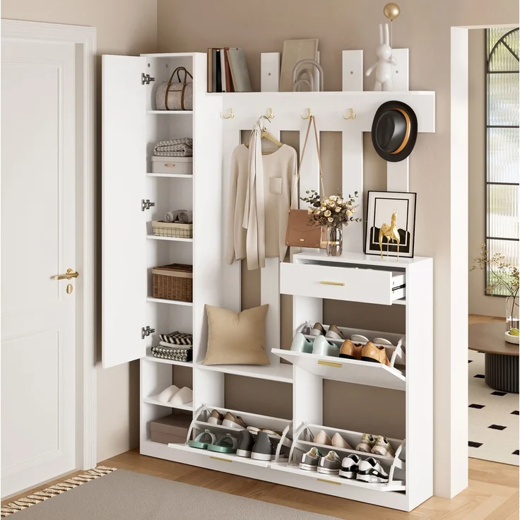 CHICFURN Schrank 133x180x23,5 cm als Garderoben-Set mit 3 Schuhkippern und Spiegel Weiß – Bild 6